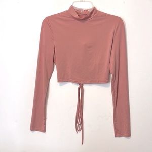 ⭐️ Shein mauve shiny long sleeve mockneck crop top lace open back bow girl L